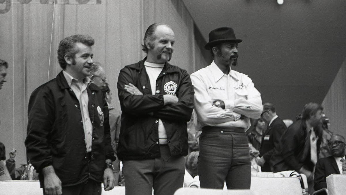 UAW Constitutional Convention, Atlantic City; 1972. United National Caucus members Pete Kelly, unknown, Jordan Sims.