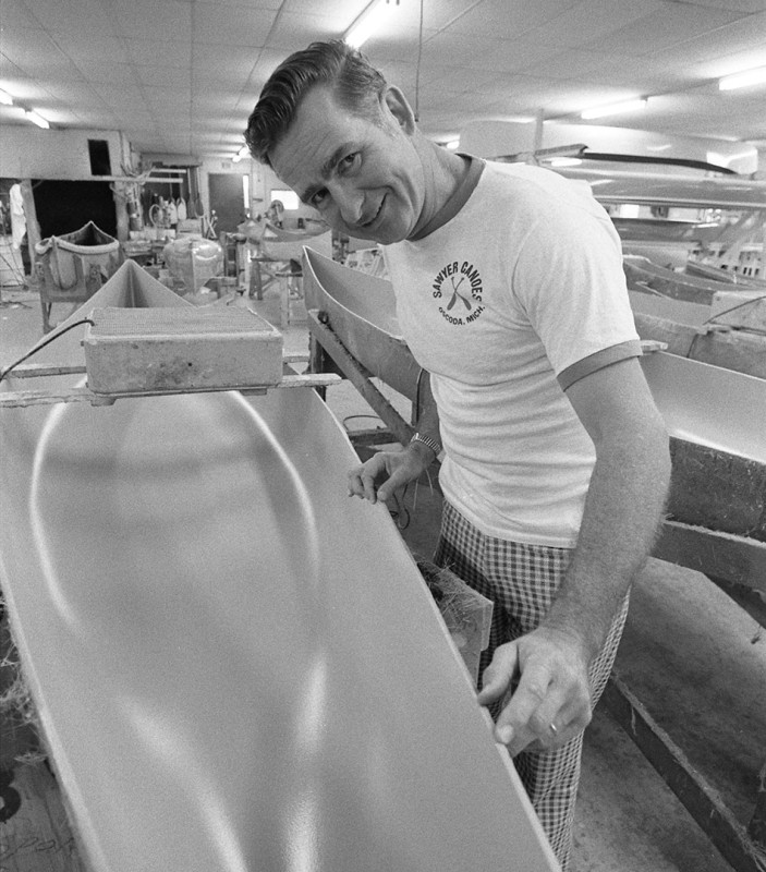 Robert Grampre is owner of Sawyer Canoes, Oscoda; 1976.