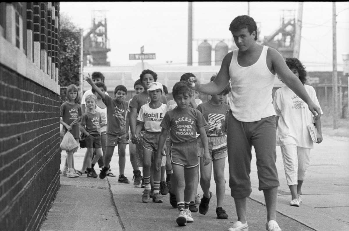 ACCESS summer youth program, Rouge Steel in the background; 1987.