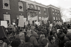 Demonstrators march at Dearborn City Hall in support of ACCESS after funding cuts were threatened, 1977.