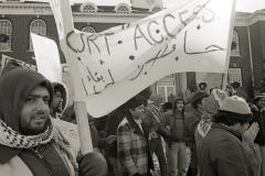 Demonstrators march at Dearborn City Hall in support of ACCESS after funding cuts were threatened, 1977.